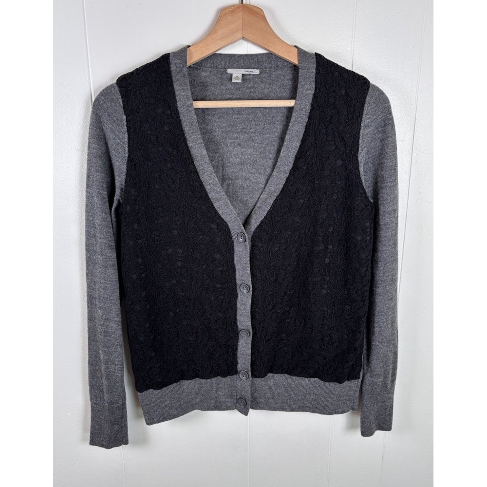 Halogen Petite Size MP Gray Merino Wool Black Lace‎ Panel Front Knit Cardigan